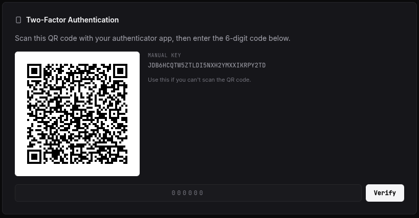 The 2FA setup flow showing the QR code, the manual key, and the 6-digit code entry box