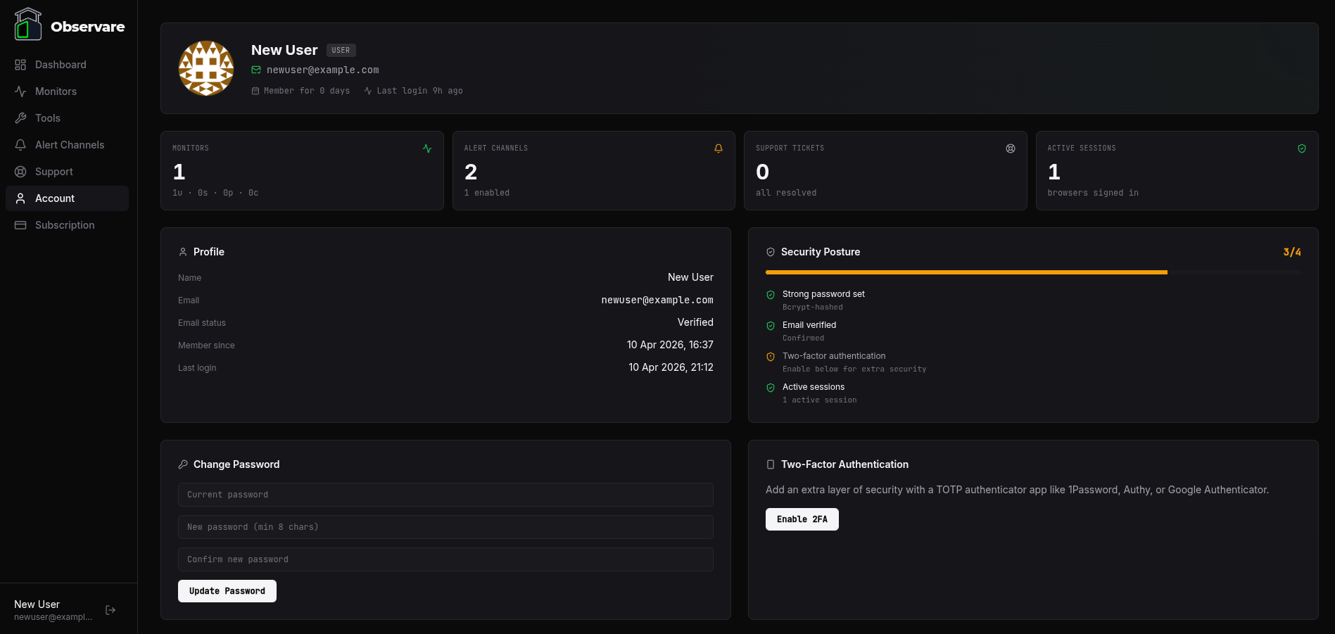 The Account page showing the identity hero at the top with Gravatar, role badge, and account-age stamp