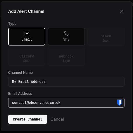 The Add Email channel form with the Channel Name and Email Address fields filled in