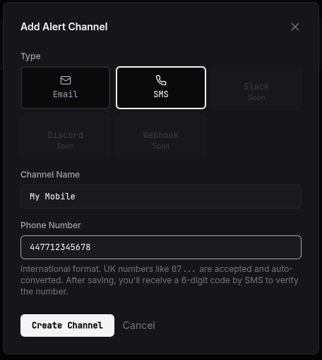 The Add SMS channel form with the Channel Name and Phone Number fields filled in