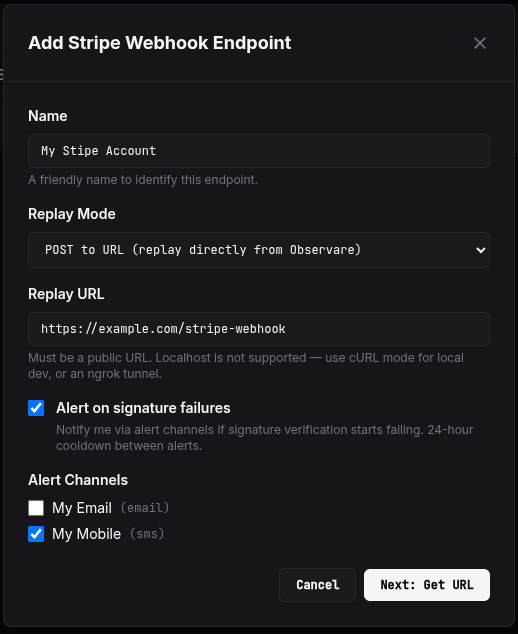 The Add endpoint dialog showing the Name, Replay Mode dropdown, Replay URL field, sig-fail checkbox, and alert channel checkboxes