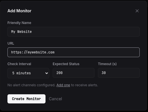 The 'Add uptime monitor' form with the name, URL, check interval, and expected status fields filled in for a sample site