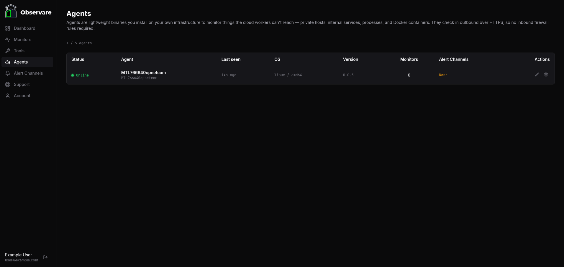 The Agents list page in the web UI showing the newly-authorised agent with an Online status dot, its monitor count, and alert channel count