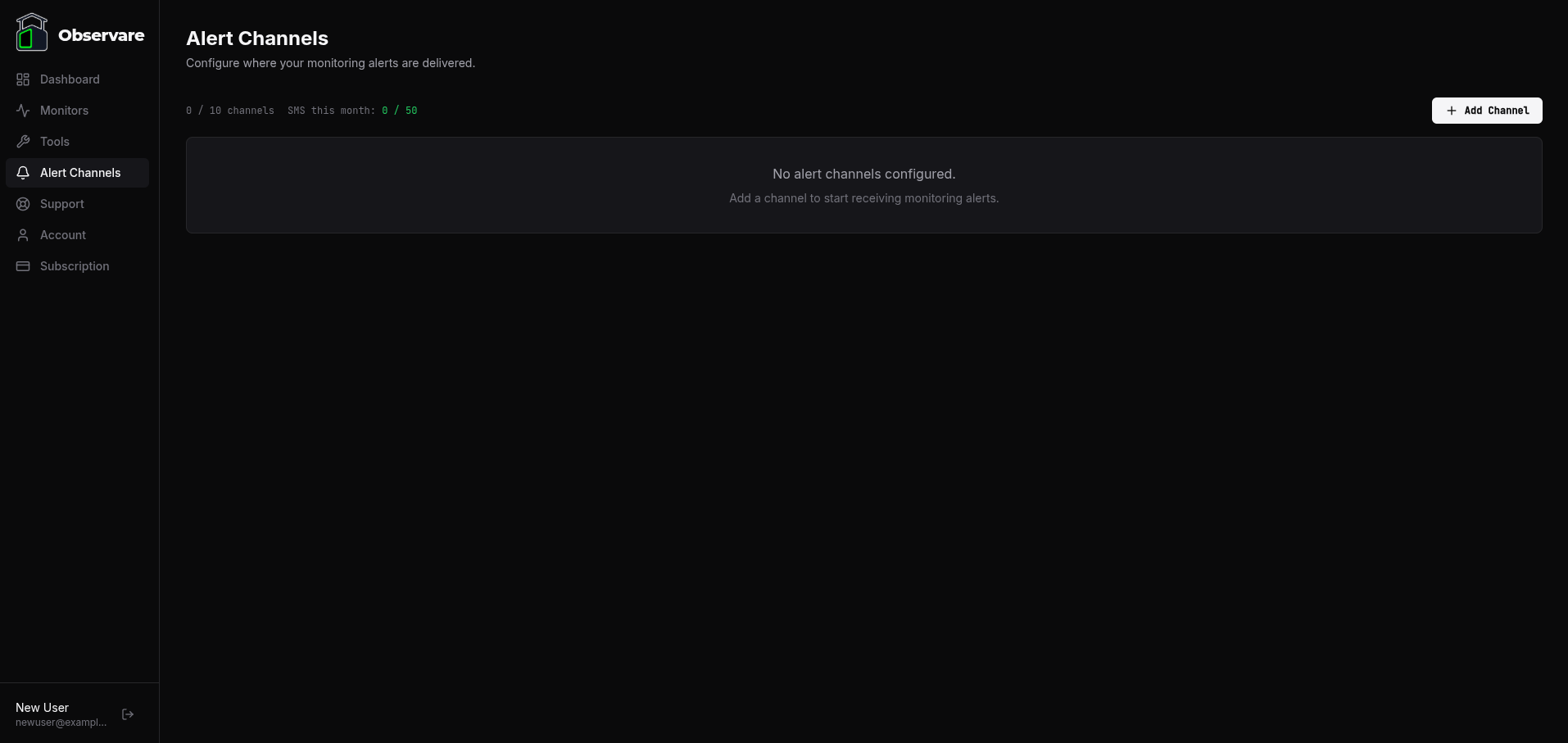 The Alert Channels page showing the list of connected channels with their enable/disable toggles