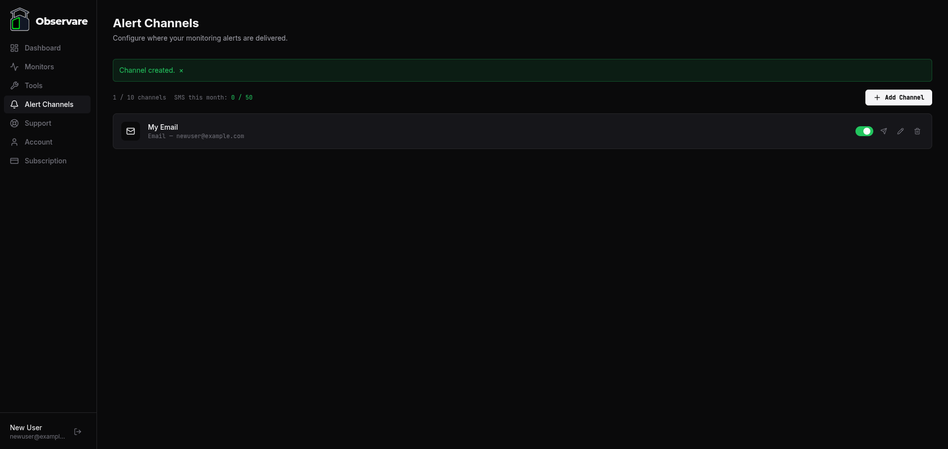 The Alert Channels page showing the newly added email channel in its unverified state