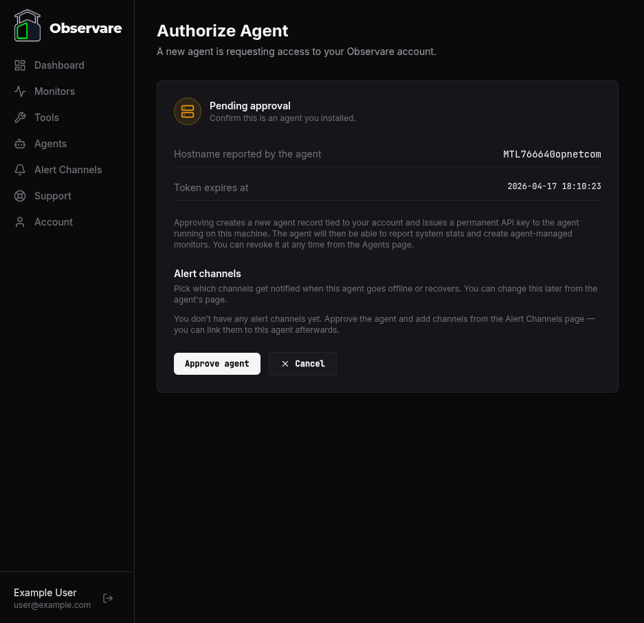 The Observare agent authorisation page in the browser showing the requesting agent's details, the alert-channel checklist, and the Approve button