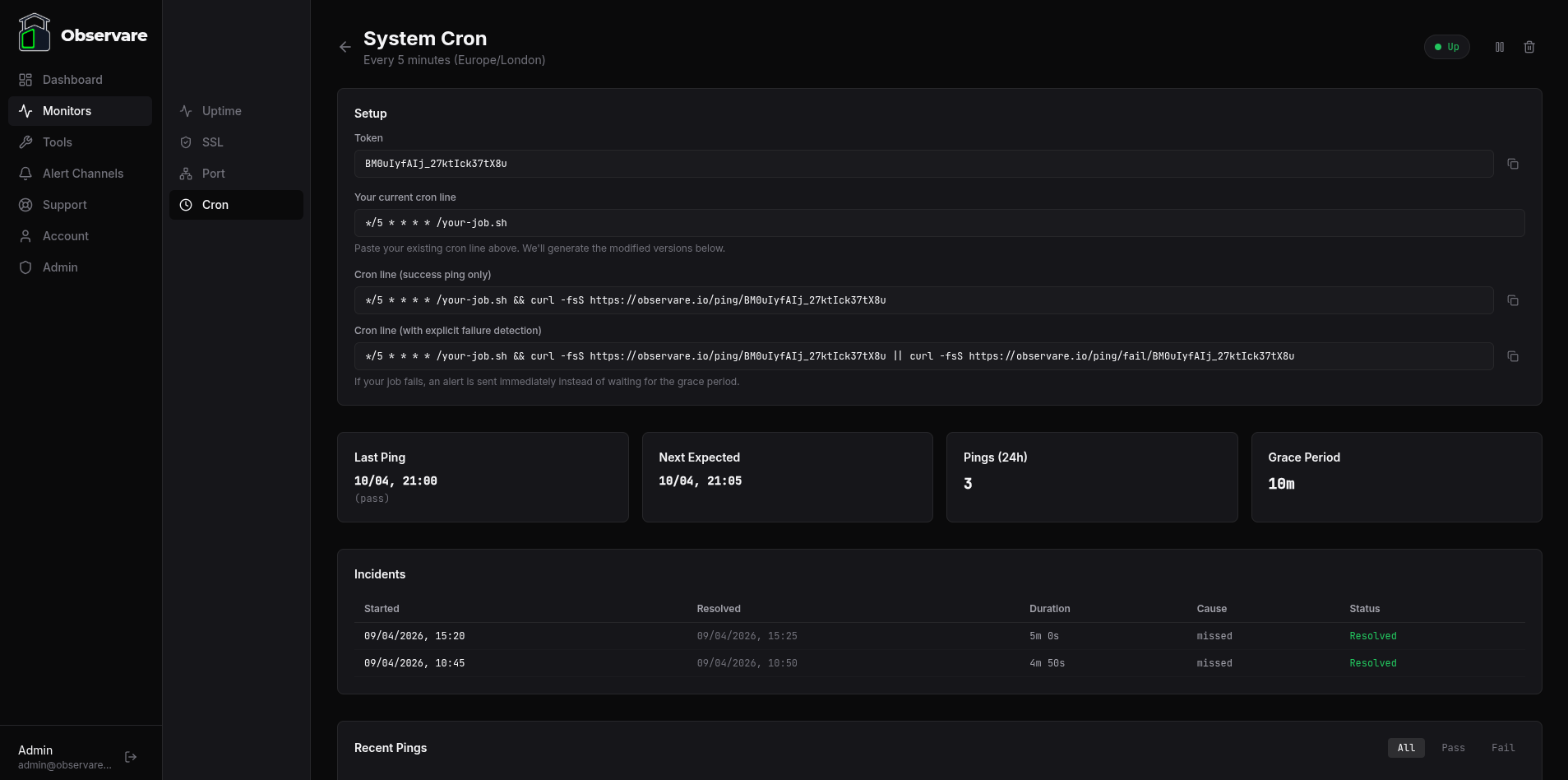 A cron heartbeat monitor detail page showing the Setup card, last-ping timestamp, next expected ping time, and recent ping history