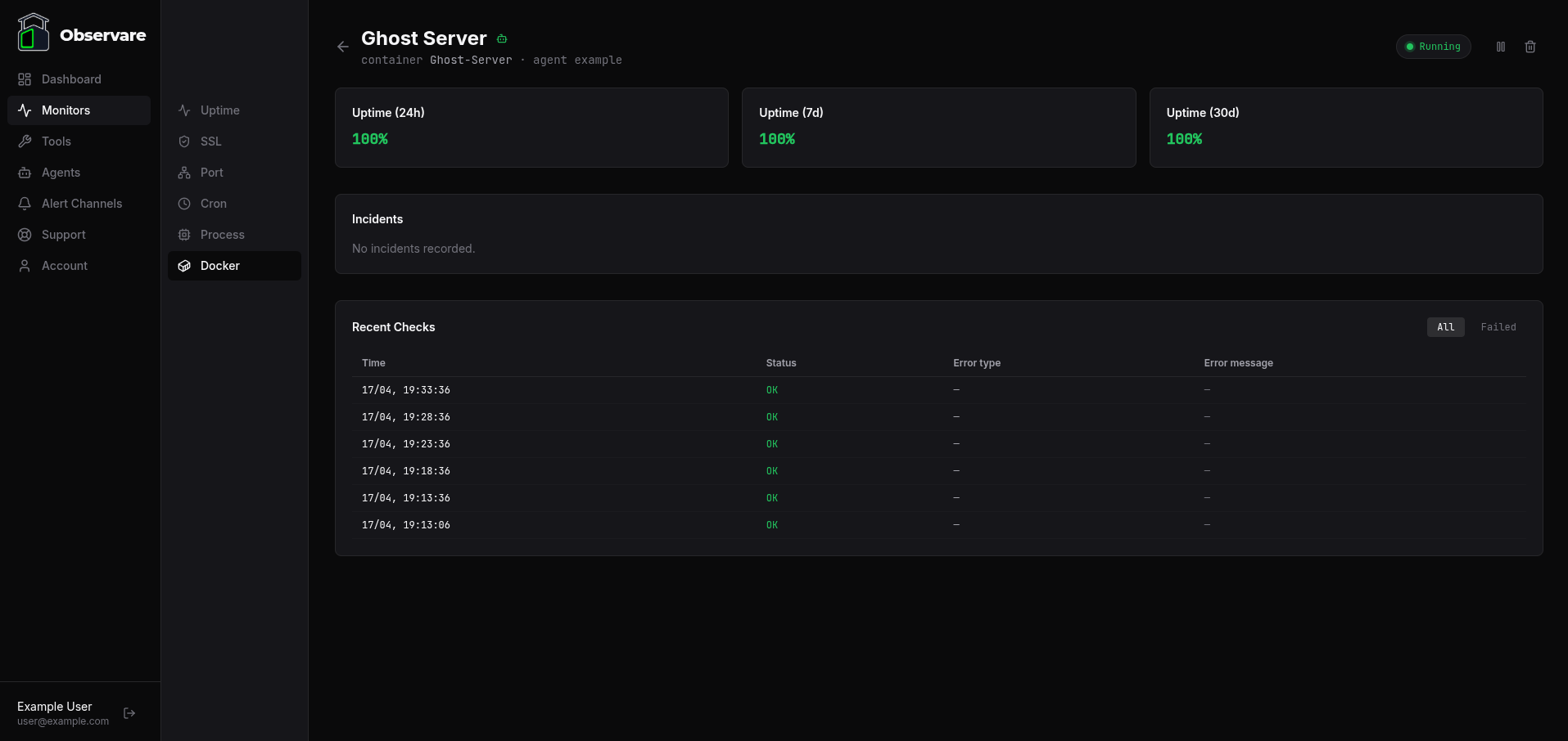 The Docker monitor detail page showing 24h, 7-day, and 30-day uptime percentage KPI cards, the Incidents table, and the paginated Recent Checks table