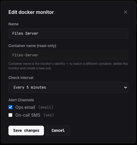 The Docker monitor edit modal showing the editable name and check-interval fields plus the alert-channel checklist
