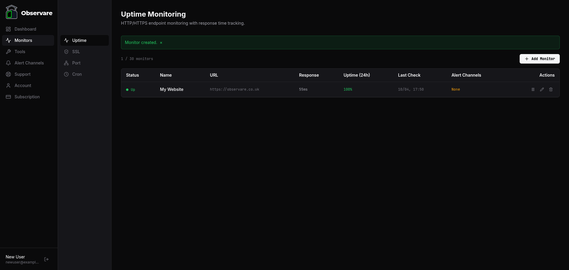 The monitor detail page showing the first successful check result and the green status indicator