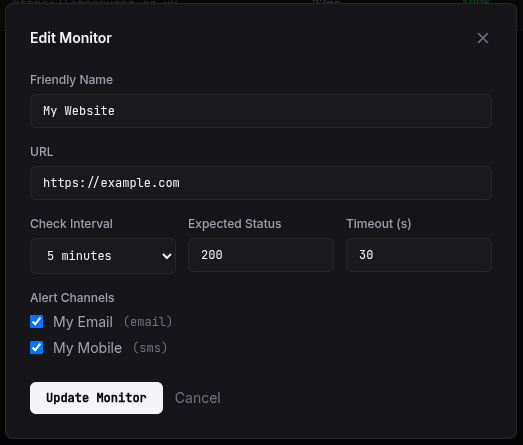 Editing a monitor to assign Email and SMS alert channels