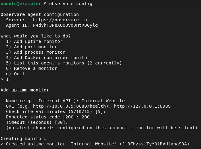 A terminal running the observare config Add uptime monitor flow against a private URL, showing the prompts for name, URL, interval, status code, timeout, and alert channels, ending with the ✓ Created uptime monitor success line