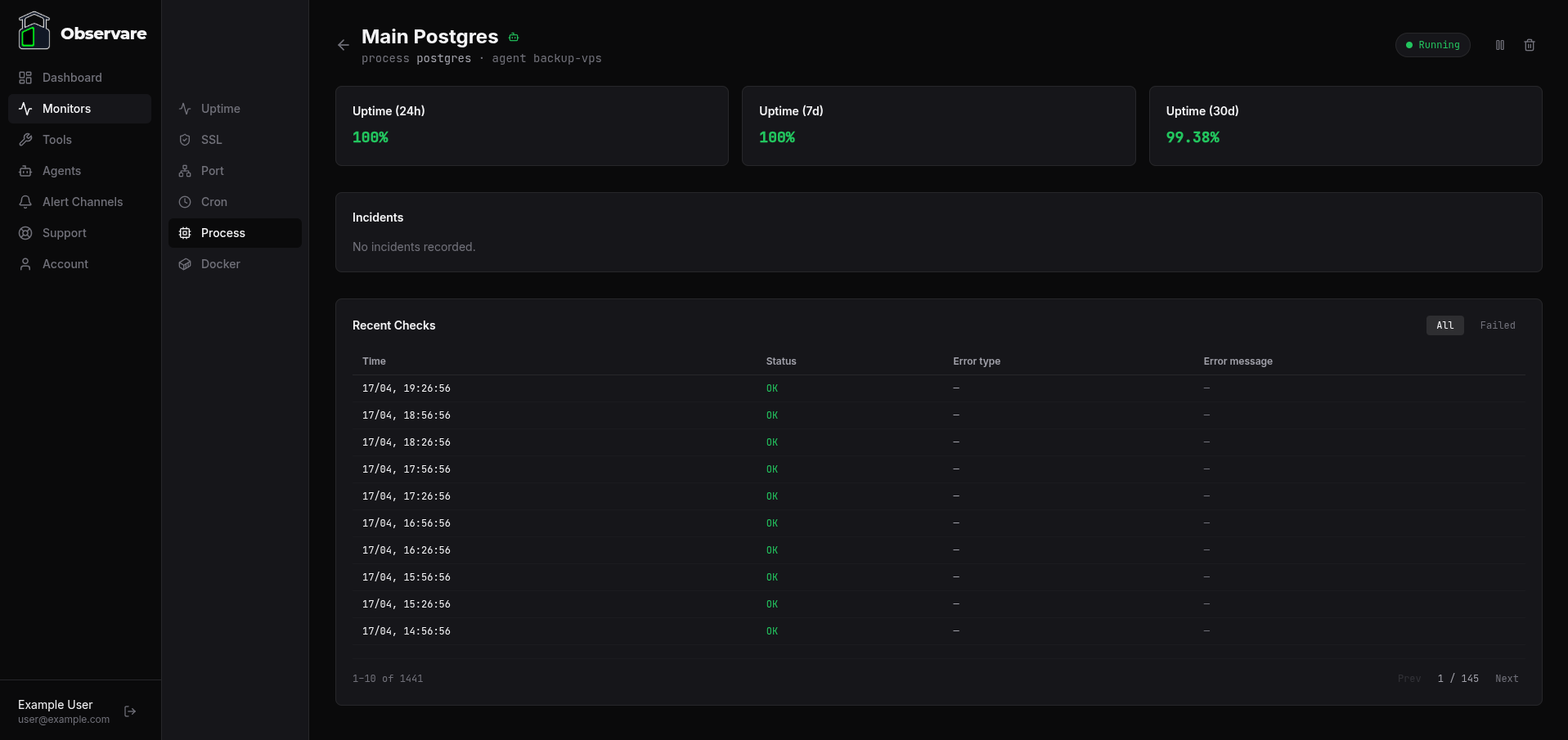The Process monitor detail page showing 24h, 7-day, and 30-day uptime percentage KPI cards, the Incidents table, and the paginated Recent Checks table