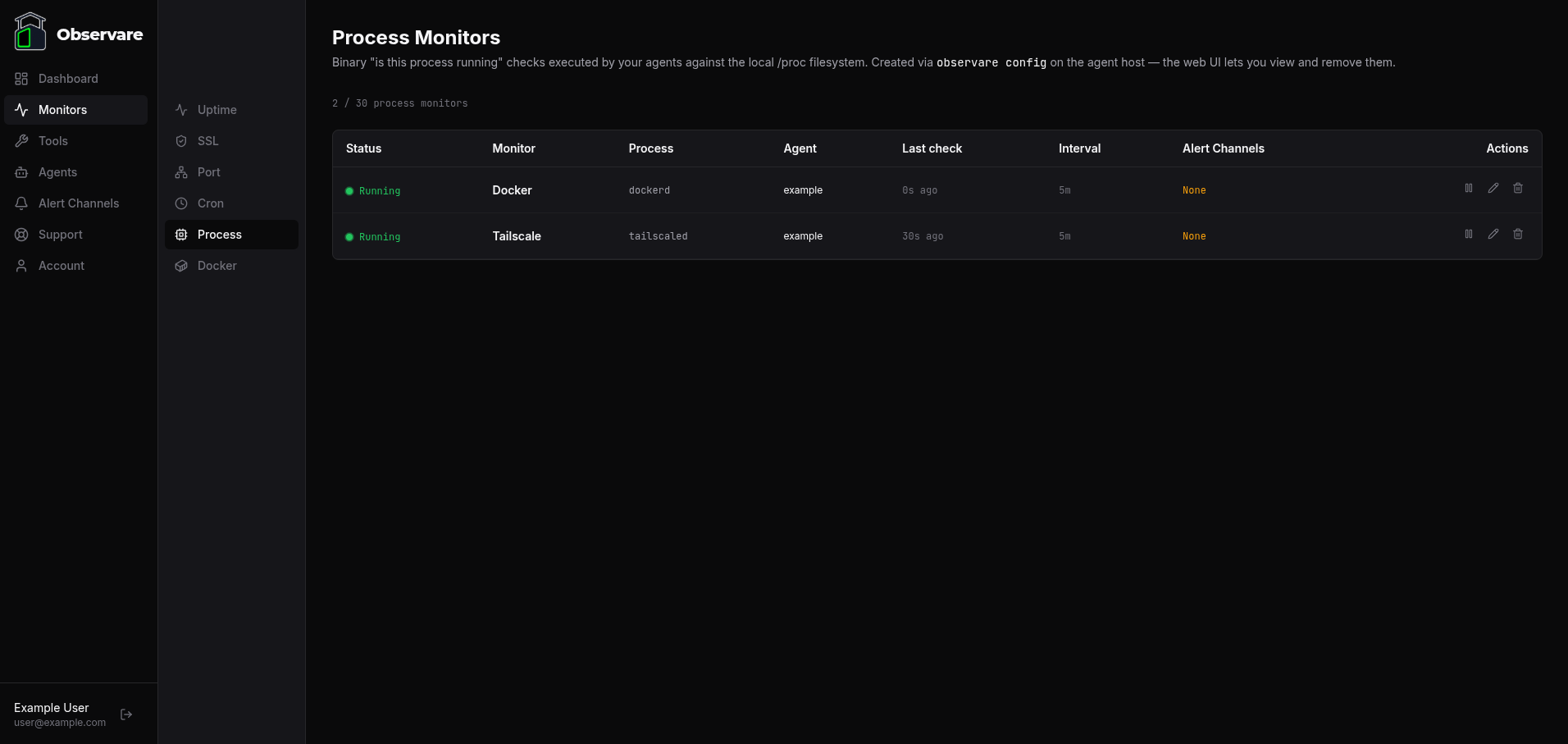 The Process monitor list page showing several monitors across different states — Running, Not Running, and Paused — with their process name, agent, last-check time, interval, alert-channel count, and action buttons