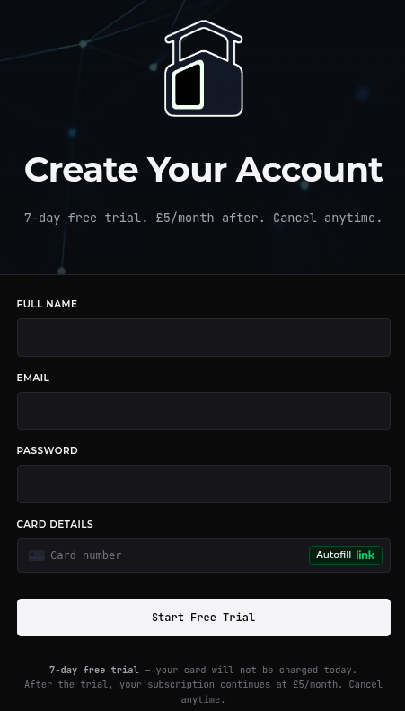 The Observare registration page showing the Full Name, Email, Password, and Card Details fields with the 'Start Free Trial' button
