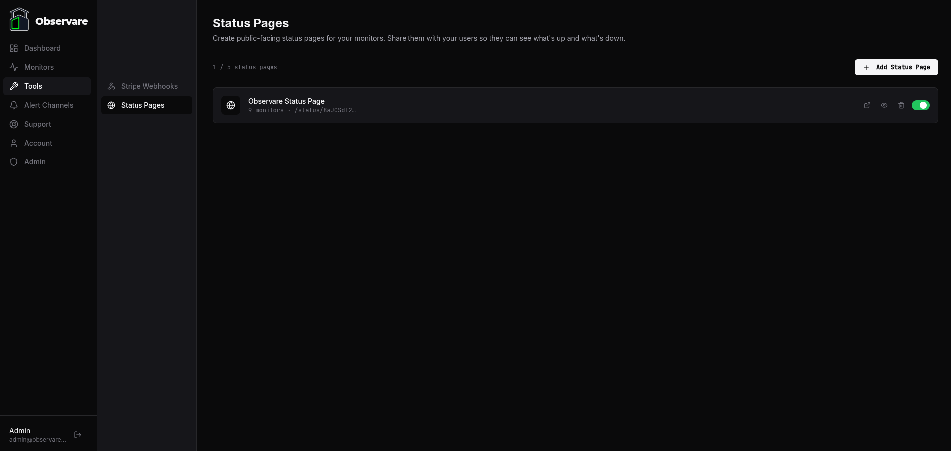 The Status Pages list showing a created page with monitor count, action buttons, and enable/disable toggle