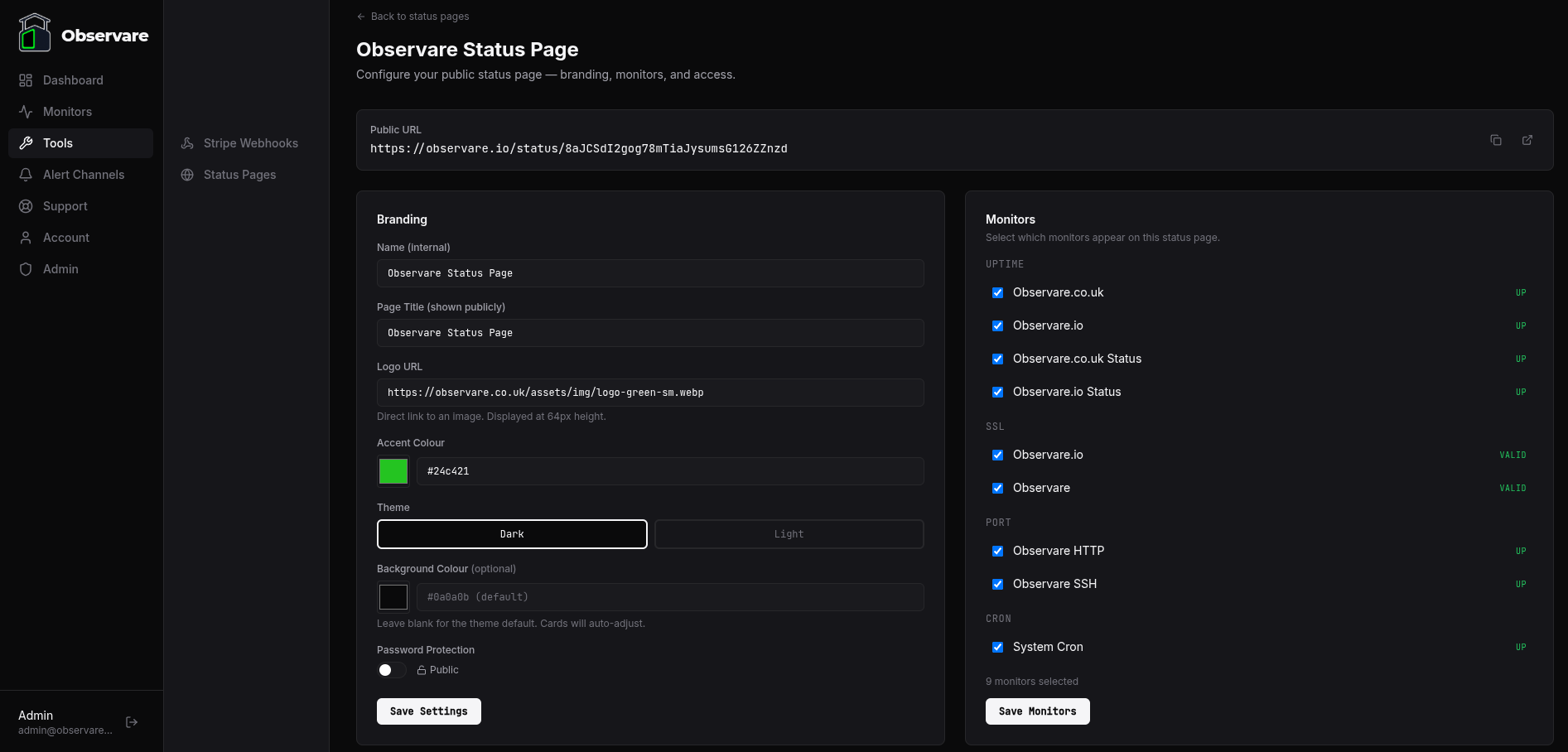 The status page settings screen showing branding options on the left and the monitor picker on the right