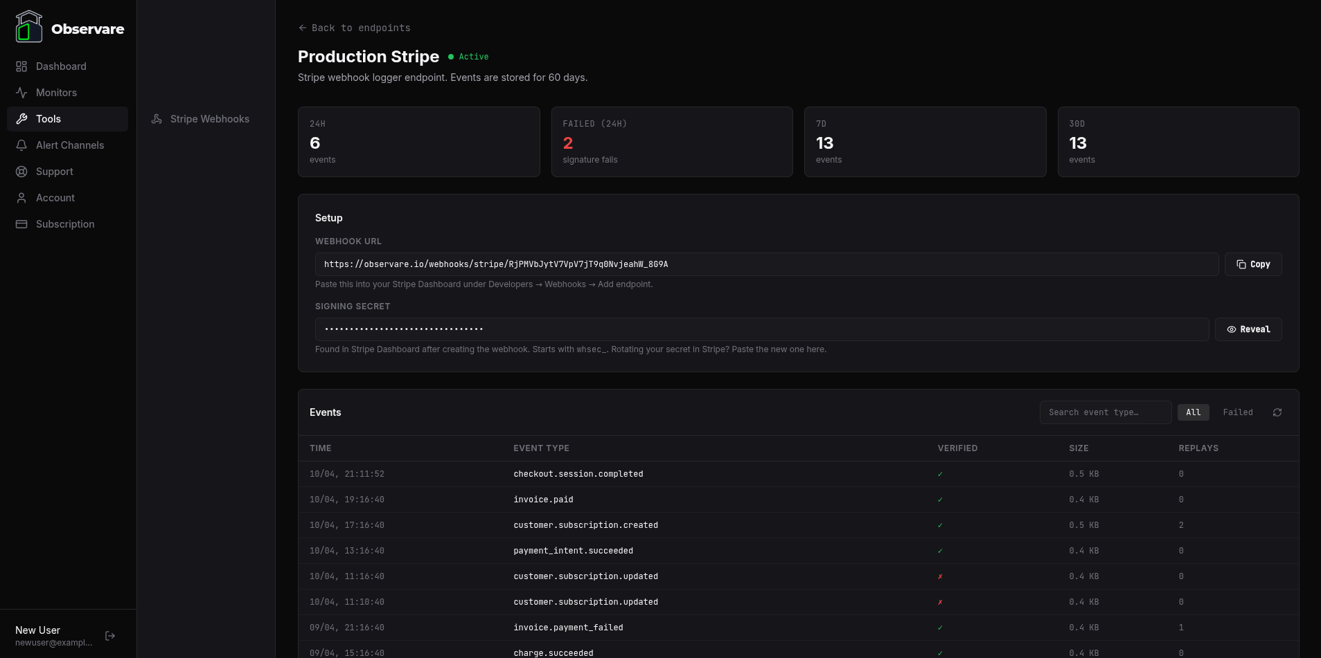 The endpoint detail page showing the Webhook URL, the Signing Secret field with its Reveal toggle, and the event log below