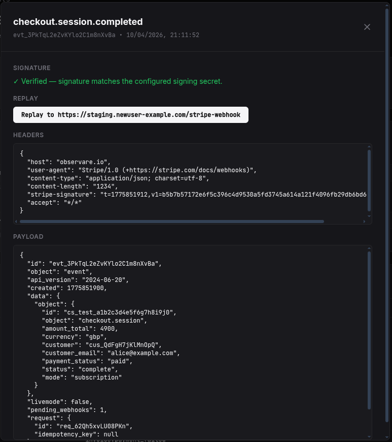 An event detail view showing the signature status, headers panel, payload panel, and the Replay button