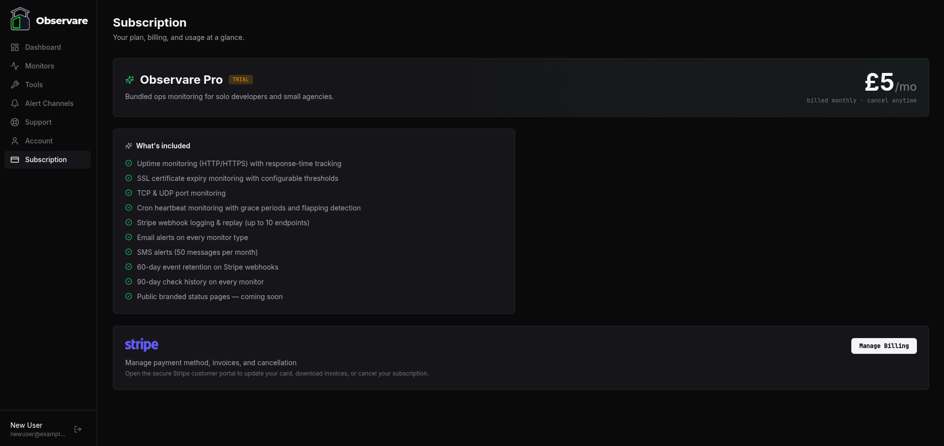 The Subscription page showing the plan hero, trial progress bar, and the two-column benefits + usage cards