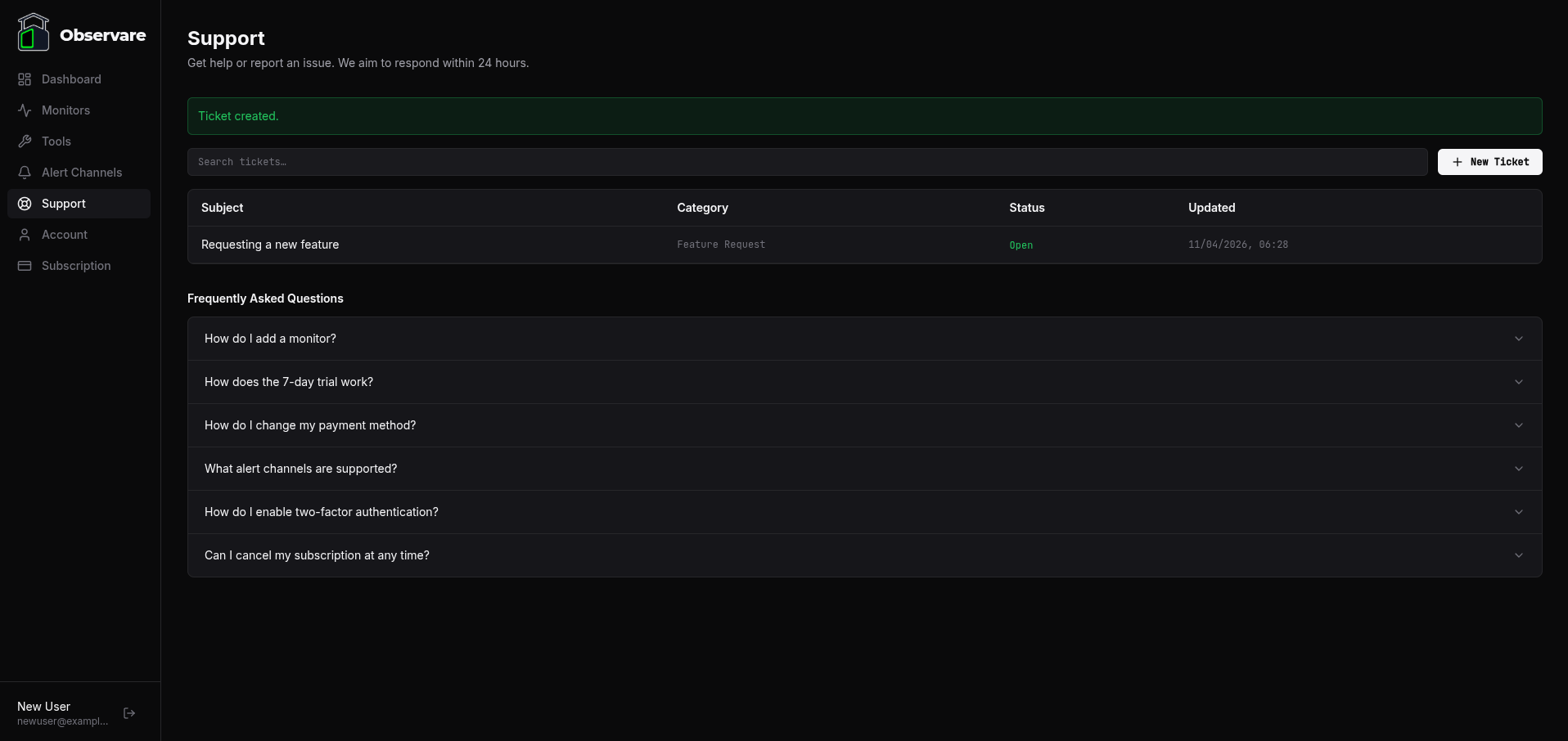 The Support page showing the ticket list table, the search box, the New Ticket button, and the FAQ accordion below