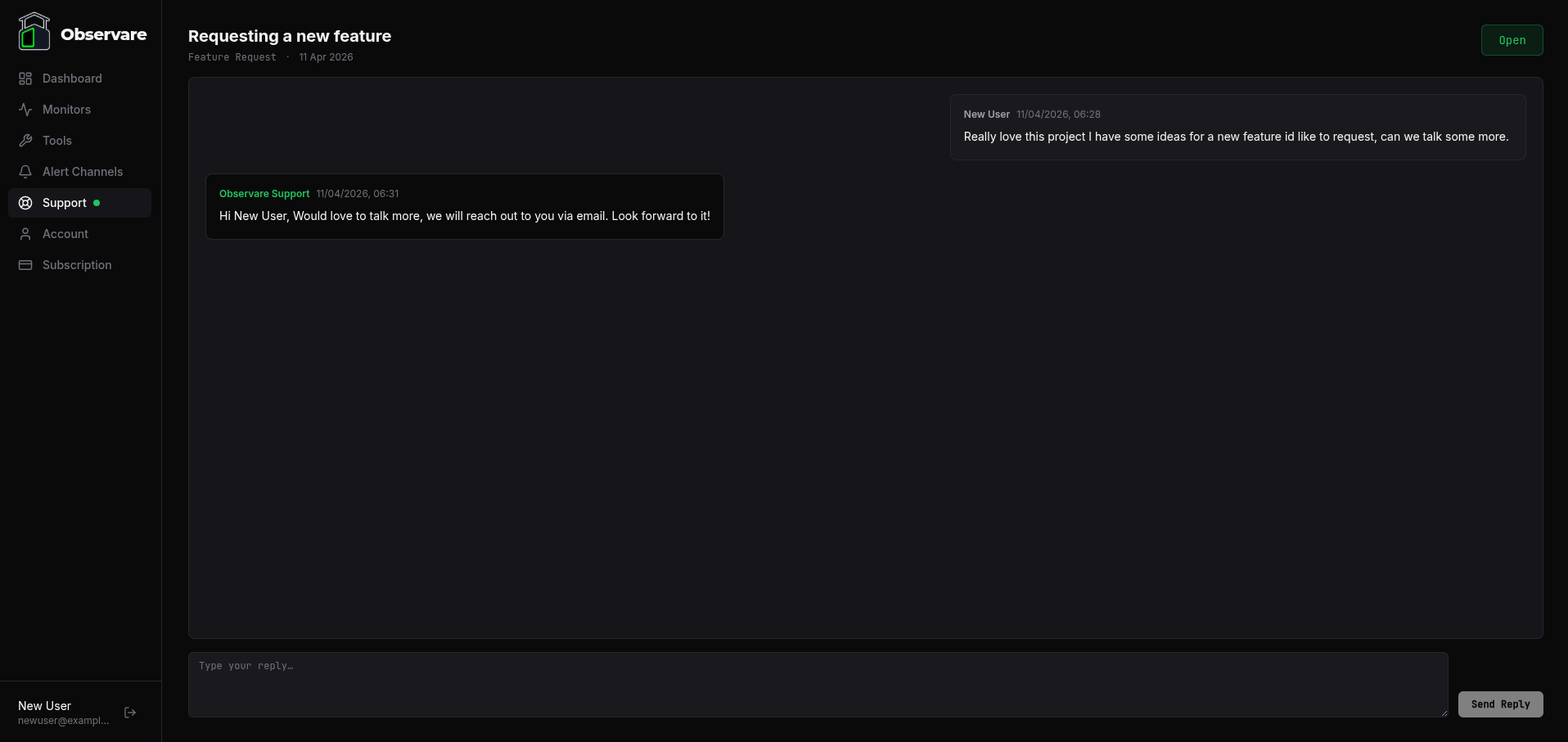 The ticket detail page showing the conversation thread, header with subject / category / status, and the reply box at the bottom